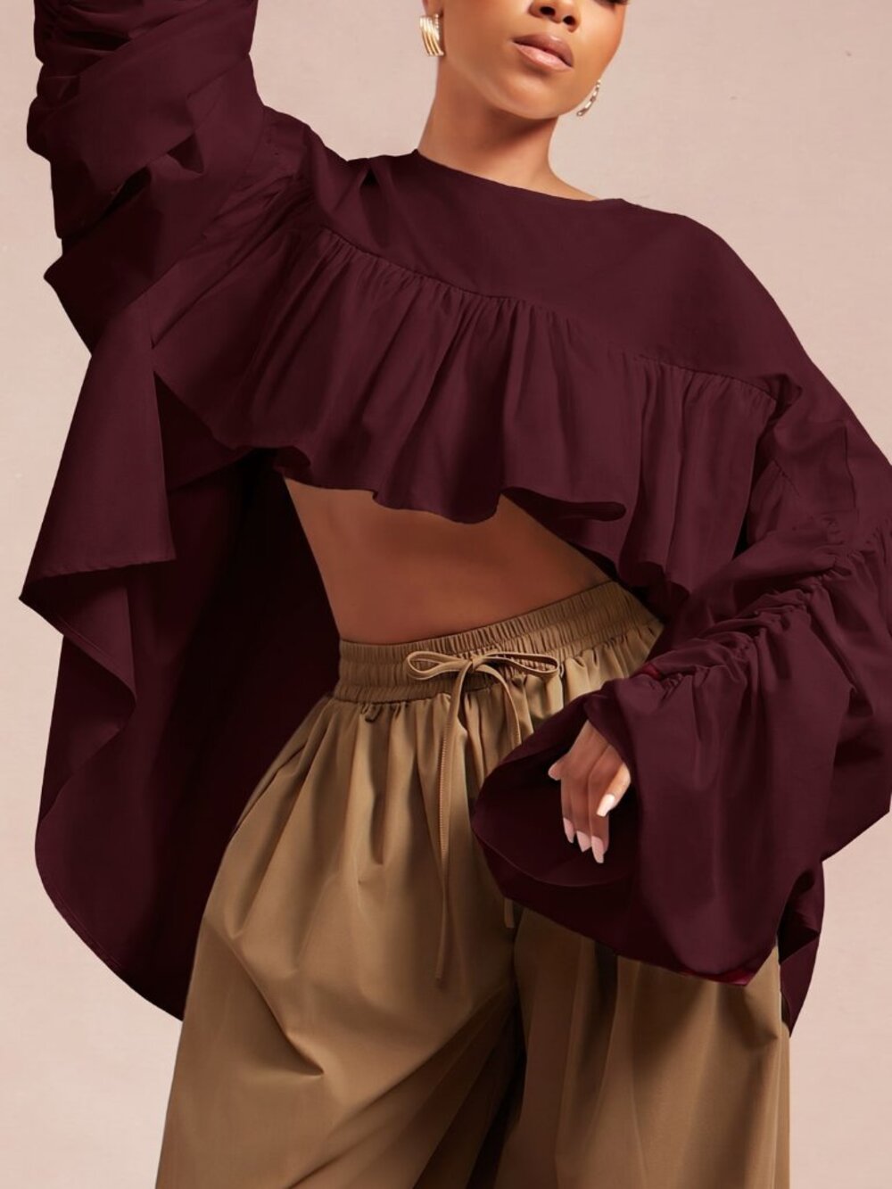 Red Violet Party Women's Ruffle Trim Lantern Sleeve High Low Hem Blouse